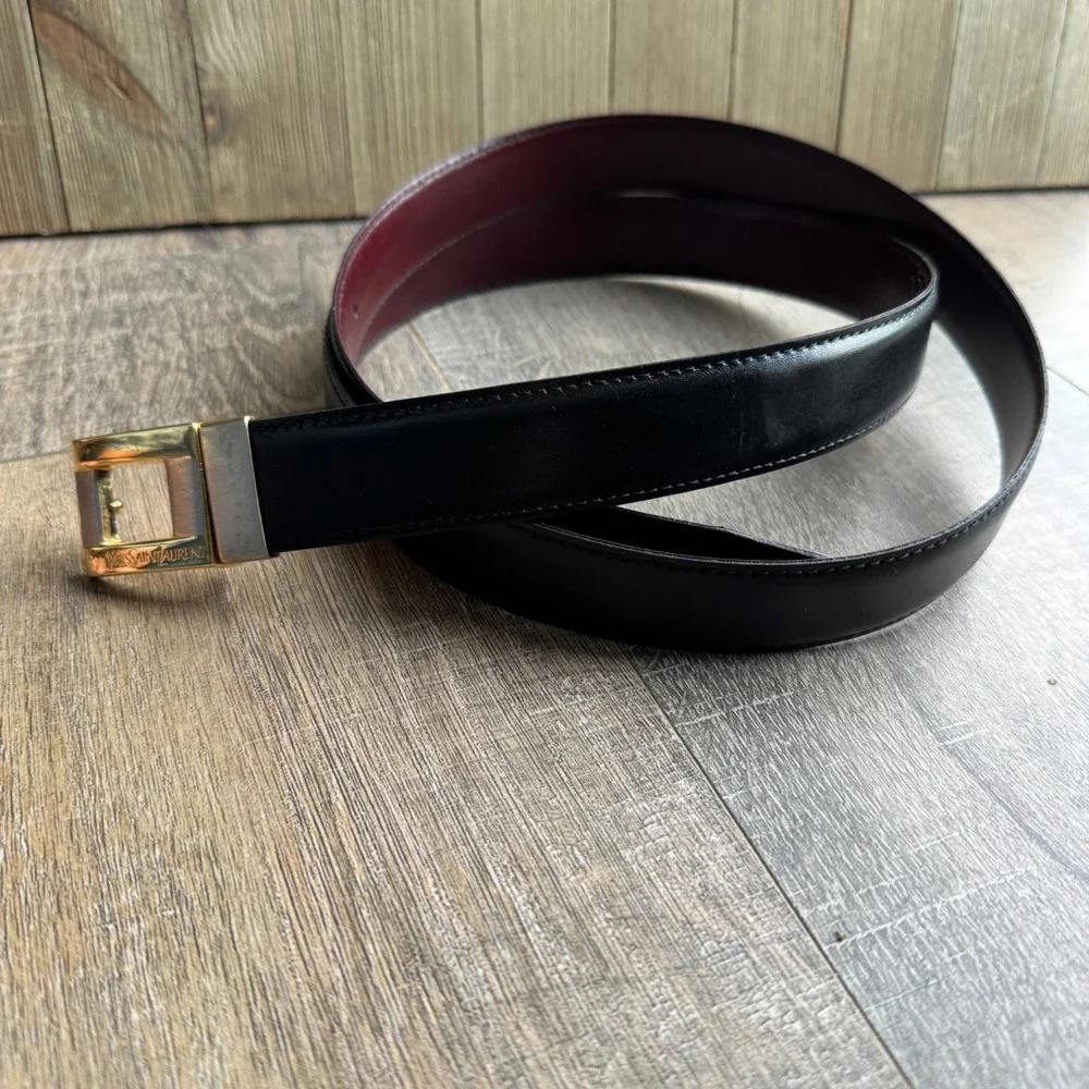 Yves Saint Laurent YSL Mens Reversible Leather Belt Black Burgundy Size 46
